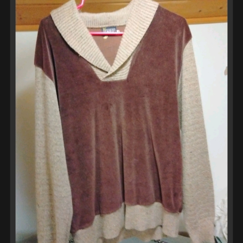 VINTAGE MEN'S ENRO Brown Acrylic Velour 70s 80s RETRO Long SLEEVE SWEATER - XL